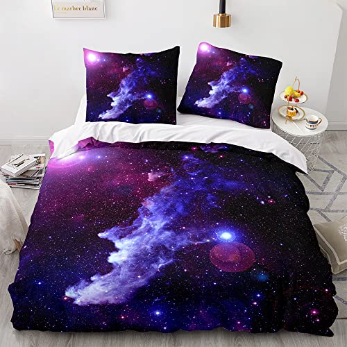 Morbuy Bettwäsche aus Mikrofaser Bettbezug 135x200 155x220 200x200 220x240 mit Reißverschluss + Kissenbezüge 80 x 80 cm, Sternenklarer Himmel Drucken Bettwäsche-Set (135x200cm,lila Galaxie)