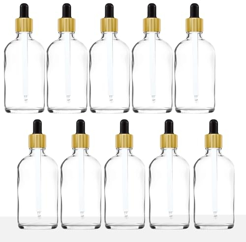 AVALON 100ml Clear Glass Dropper Bottles with Metallic Glass Dropper Pipette, Pack of 10, Sold Empty. Refillable Cosmetic Containers for Beauty Serums, Skincare, Oils (Gold & Black)