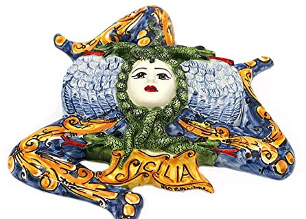 Trinacria da parete siciliana in ceramica di Caltagirone realizzata e decorata a mano 18 cm e 25 cm (Blu 25 cm)