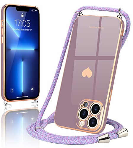 Wirvyuer Handyband Kompatibel mit iPhone 13 Pro Handyhülle Necklace Hülle mit Band zum Umhängen Kameraschutz Liebesherz Schutzhülle mit Halsband Silikon Umhängetasche für iPhone 13 Pro Lavendel