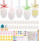 HAUSPROFI 50 Pcs Ostereier Deko Eier aus Kunststoff Weiß, Acrylfarbe, Osterhasen Küken Sticker, Bambusstock, Bunte Band und Plastik Eieraufhänger, fürs Osterdekoration, Bemalen und Aufhängen