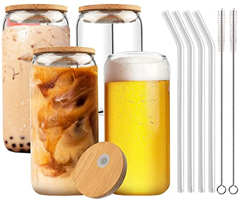 Panngu Bubble Tea Lot de 4 verres à thé avec couvercle et paille en verre pour café glacé, cocktails, smoothies, bières, boissons froides 480 ml