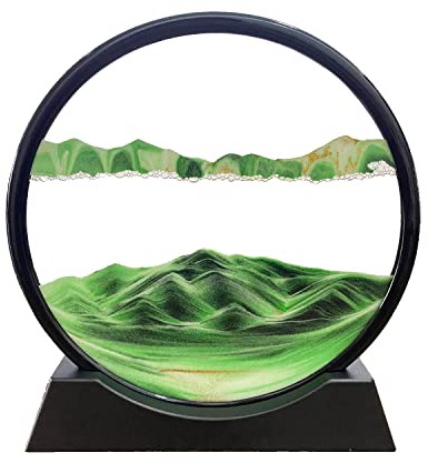 3D Dynamic Sand Art Liquid Motion, Moving Sand Art Picture Round Glass 3D Deep Sea Sandscape in Motion Display Flowing Sand Frame Relaxing Desktop Home Office Work Decor (12“, Green)