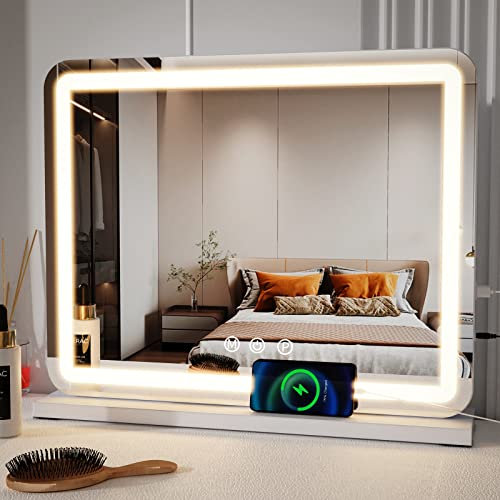 ZL ZELing Miroir Coiffeuse, Miroir Hollywood avec Miroirs Maquillage, 3 Modes de Couleur, Contrôle Tactile, Ports USB 58X48cm (Blanc)