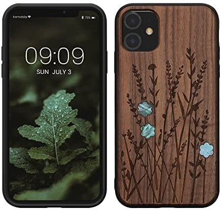 kwmobile Hülle kompatibel mit Apple iPhone 11 Hülle - Holz Case - Handy Cover - TPU Handyhülle in Dunkelbraun Perlmutt-Lavendel