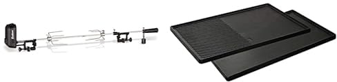 Enders Grillspieß Pro, edelstahlfarben & GUSS-WENDEPLATTE 1/2 7893 Boston 4, Monroe PRO 4, 43cm x 32cm, Grillplatte, gerippt und glatt, beidseitig nutzbar, Gasgrill BBQ, Grill-Zubehör, Schwarz/Grau