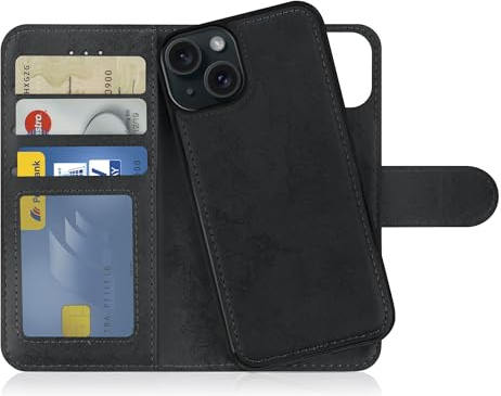 MyGadget Flip Case für iPhone 15 - [ abnehmbare Magnet Hülle ] - Handyhülle aus Kunstleder - [ Klapphülle mit Kartenfach ] Schutzhülle in Schwarz