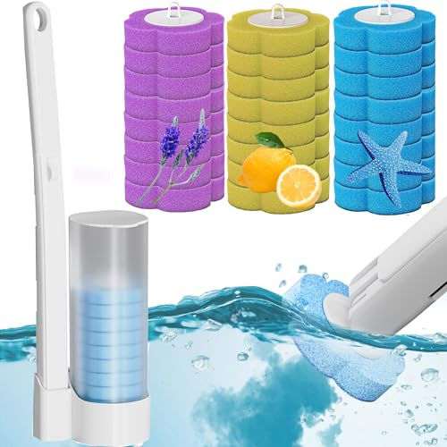 SUQ Kit de Palo de Inodoro, Cepillo de Inodoro desechable, Cepillo de Inodoro con Soporte, Kit de Sistema de Limpieza desechable, Palo de Limpieza de Inodoro, Palo de Inodoro con 24 Rellenos