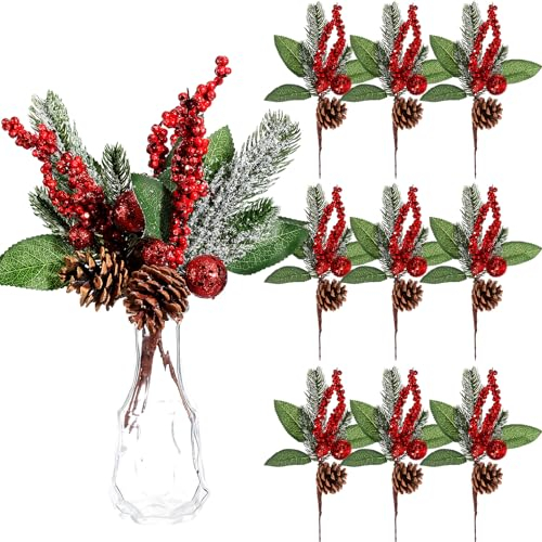 Boao 12 Stück glitzernde Kiefer Schneeblumen Picks künstliche Stechpalme rote Beeren Tannenzapfen Picks künstliche Beeren Tannenzapfen für Weihnachten Handwerk Party festliche Heimdekoration (Glitzer