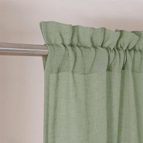 Chyhomenyc Dianna Lot de 2 panneaux de voilages vert sauge de 137 cm de long, rideaux texturés en faux lin flammé, doux et respirant filtrant la lumière avec passe-tringle pour salon, chambre à