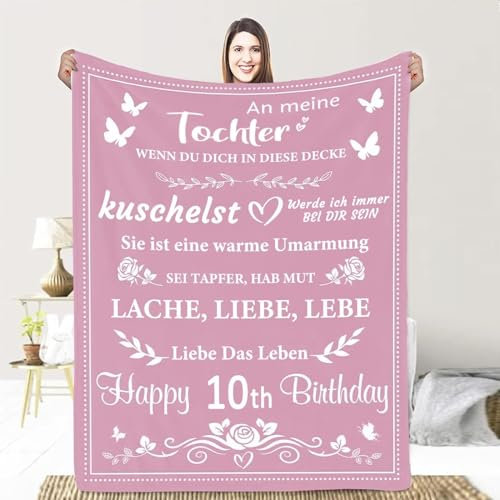 ARRITS 10 Geburtstag Mädchen Decke, Flanell Kuscheldecke, Personalisierte Nachricht, Rosa, 85L x 60W, Flannelwebe, Decke