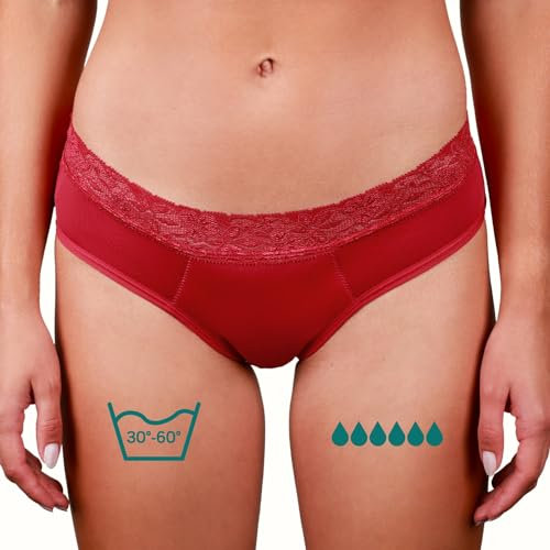 Taynie Queen Ultra stark Periodenunterwäsche - auslaufsichere Periodenwäsche - Menstruationsunterwäsche - ersetzt 6 Tampons, Periodenslip Tragedauer bis 12 Std., waschbar bis 60°C (36, Rot)