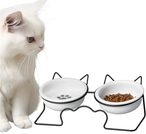 Navaris Gamelle Double Chat Chien - Gamelle Céramique avec Support en Métal Antidérapant - 2X Bol 350mL pour Croquettes Eau Pâté - Design Oreilles de Chat Noir et Blanc