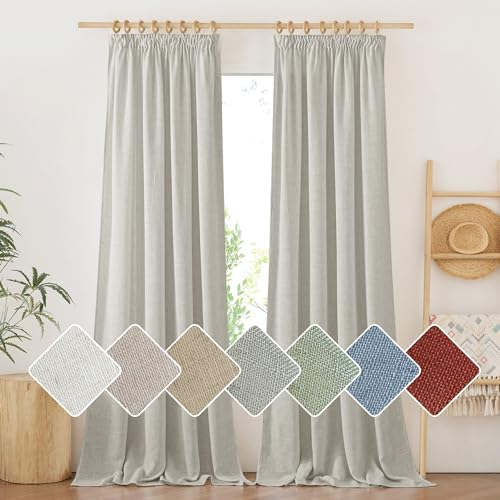 PONY DANCE Leinenvorhänge mit Kräuselband Leinenoptik Gardinen mit Haken für Schienensystem 2er Set H 245 x B 140 cm Boho Vorhänge Wohnzimmer Leinen Gardinen Halbtransparent, Graugrün