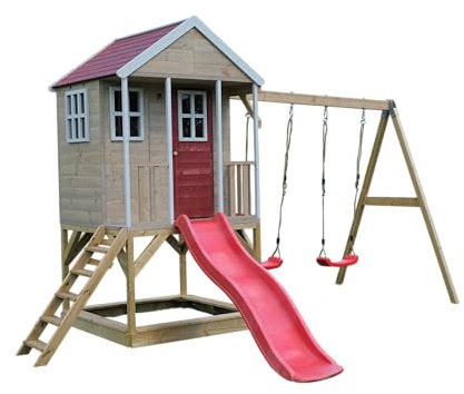 Wendi Toys M30R Outdoor-Spielgeräte für Kinder, Holz-Spielhaus mit Doppelschaukel, Rutsche, Sandkasten, Klettergerüst, Schaukel-Set, Spielgeräte für Abenteuer, Rot, ab 3 Jahren