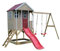 Wendi Toys M30R Outdoor-Spielgeräte für Kinder, Holz-Spielhaus mit Doppelschaukel, Rutsche, Sandkasten, Klettergerüst, Schaukel-Set, Spielgeräte für Abenteuer, Rot, ab 3 Jahren