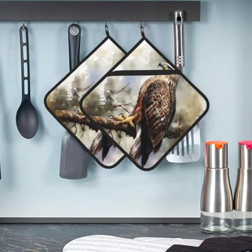 Topflappen, Set mit 2 hitzebeständigen Topflappen zum Kochen, Aquarell eines Falken, der im Baum sitzt, Topflappen mit Aufhängeschlaufen, Ofenuntersetzer zum Backen, heiße Matten zum Grillen