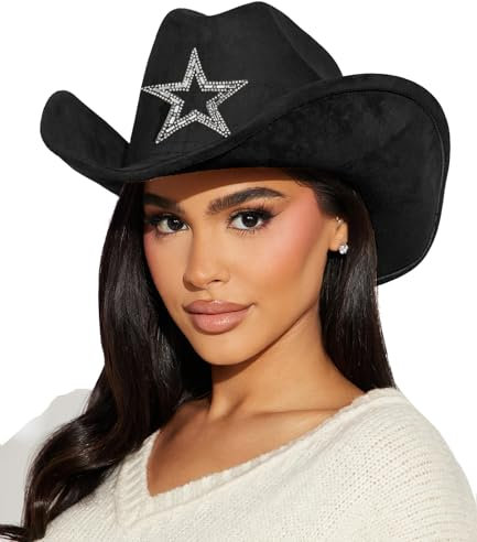HilyBony Klassischer Western-Cowboyhut Shiny-Strass Stern Cowgirl Filzhut für Party-Kostüme