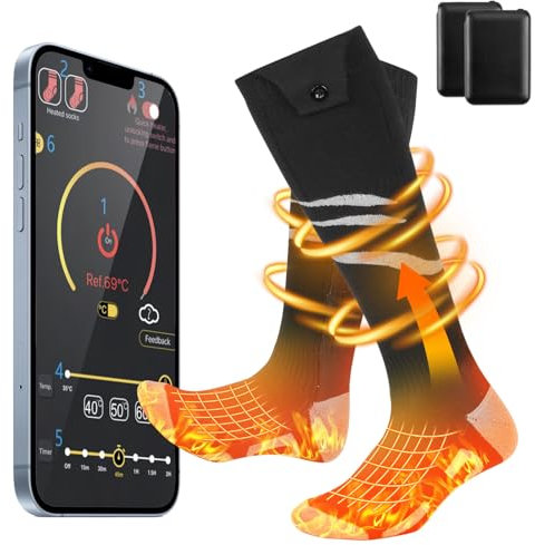 Olycism Calzini Riscaldati con APP Potenziati Batteria Ricaricabile da 5000mAh Calzini Riscaldati Elettrici per Uomo e Donna 3 Temperature Regolabili Ciclismo all'Aperto Campeggio Trekking Moto Sci S