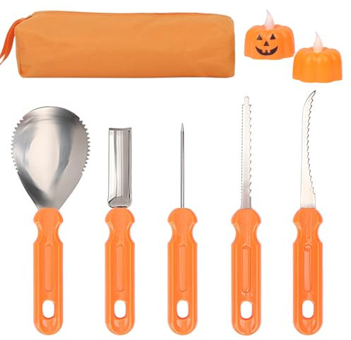 OWill Pumpkin Carving Kit, 5 PCS Halloween Professional Heavy Duty Stainless Steel Carving Tools with 2 Pumpkin Tea Lights 1 Storage Bag for Kids and Adults Orange