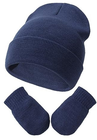 DRESHOW Kleinkind Beanie Kinder Wintermützen und Fäustlinge Set für Kinder Warme Weich Baby Strickenmütze und Handschuhe für 3 Monate - 24 Monate Mädchen Jungen