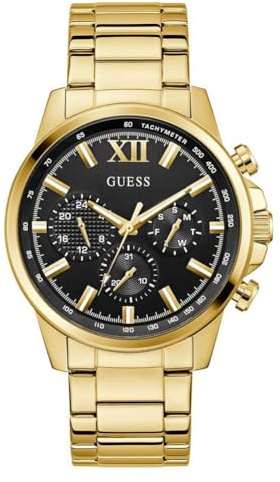 GUESS Herren Armbanduhr GD Walker mit Datumsanzeige, goldfarbenes Edelstahlarmband, Mineral Glas, schwarzes Ziffernblatt, 5 Bar, Gehäusedurchmesser: 44 mm, GW0900G3
