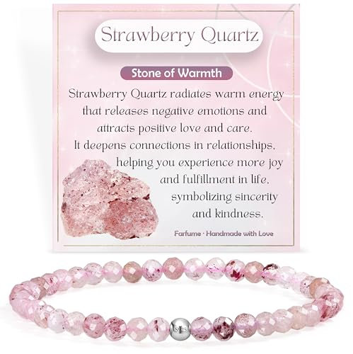 Erdbeerquarz - Wärme - Edelstein Perlen Armband für Frauen, 4mm Kristall Silber 925 Naturstein Schmuck Elastisch Armbänder Damen, Chakra Spirituelle Charms Armbänder Geschenke