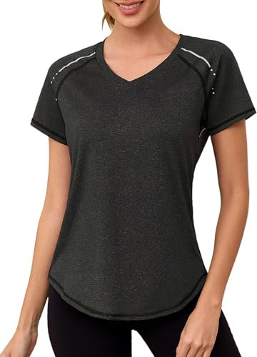 Gyabnw Ladies Yoga Tops Short Sleeve Loose Fit V-Neck Gym Running T-Shirt Moisture-Wicking Sportswear for Women Black