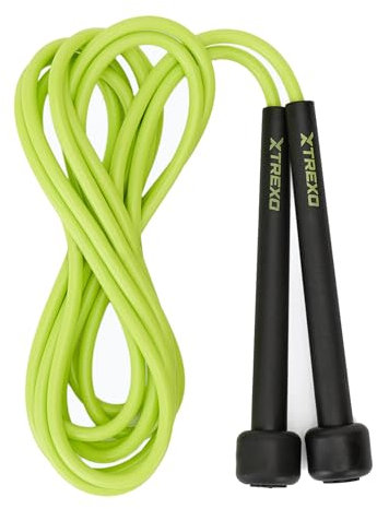 TREXO Básica Comba de saltar Fitness en color lima con longitud ajustable hasta 275 cm, cuerda de saltar ajustable, ideal para el entrenamiento, hecha de PVC y polipropileno con asas ajustables,