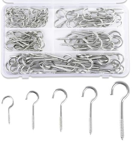 Anstore Schraubösen Edelstahl, 120 Stück Haken zum Schrauben, 5 Größen Aufhängehaken Ösenhaken Deckenhaken, Befestigungshaken für Möbel Multifunktionale Einschraubhaken Metall für Lampen Dekoration