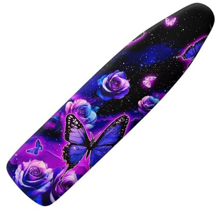 ZIATUBLES Bügelbrettbezug, hitzebeständig, Bügeleisen-Polsterbezüge mit Klettverschlussriemen für Wäsche, Kleidung, Geschäft, Wohnaccessoires, lila Schmetterlings-Rosen-Druck, L