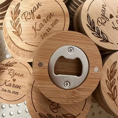 Abridor De Botellas De Madera Redondo Rústico Personalizado For Padrinos De Boda, Imán De Nevera Personalizado, Fecha Grabada, Nombres, Regalo De Evento(50psc)