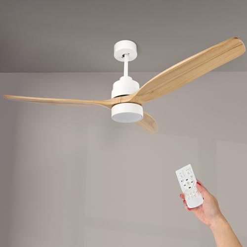 M mimotec - Ventilador de Techo Led Crazy 53W Blanco, mando a distancia, motor DC 35W+Luz Led 18W, 6 velocidades, Silencioso,3 Aspas madera natural, 132 cm, función verano-invierno, temporizador.