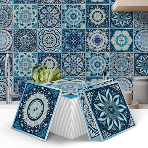 12pcs Moroccan Tile Stickers Blue, Thicker Kitchen Bathroom Wall Tile Stickers Peel and Stick on Tile for Fireplace Surround Self Adhesive Vinyl Waterproof Mosaic Art (15cm x 15cm, 6x6 inches)
