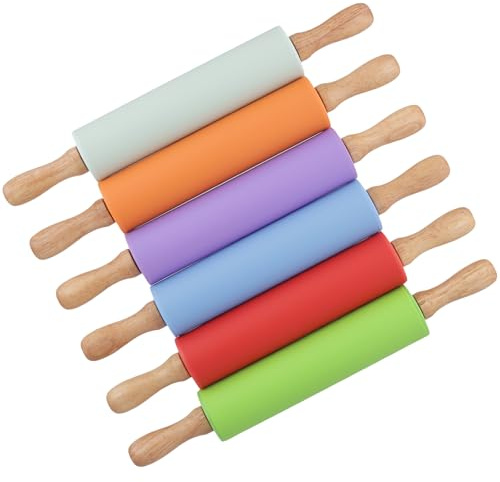 KOHAND 6 Pack 12 Inch Silicone Rolling Pin, Non Stick Rolling Pins Dough Roller with Wooden Handles for Baking Pastry Pizza Cookie, 6 Colours