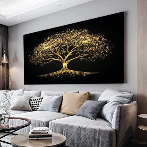 MKBKLI Wandbilder Dekoration Wohnzimmer Goldener Lebensbaum Bilder 50x100cm | auf Leinwand Leinwandbild Schlafzimmer Küche Deko Wand Kunstdruck Art Groß XXL Wanddeko Bild Wall Decor Canvas