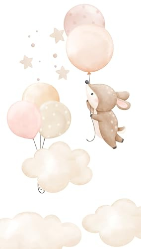 Rasch 367959 Papier peint photo non tissé pour chambre d'enfant avec nuages, lapin, ballons et étoiles, beige et rose