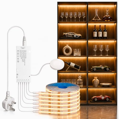 COB LED Strip Lights, Cabinet Light 6Pcs 6.56FT, 12V Warm Cuttable DIY LED Strip with Hide Touch and Hand Sweep Dimmer Switch Kit for Cabinet Showcase Kitchen Acoustic Panel Decoration Shelf Lighting