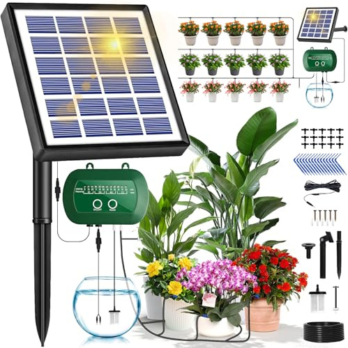 Onherm Kit di Irrigazione Automatica Solar, Irrigazione Solare a Goccia con 12 Modalità Timer e 15M di Tubo, Automatica Irrigazione Sistema per Giardin, Balcone, Piante in Vaso