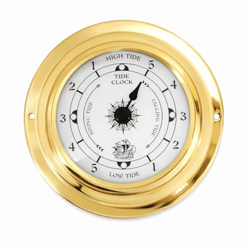 VzKalytrix 3.85 Brass Tide Clock – High & Low Tide Dial, Nautical Wall/Boat Mount, Includes 3-Step Setup Card + Tide Reminder Card, Spare Screws, Quiet Quartz Movement