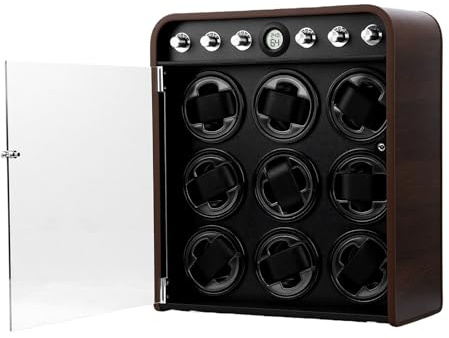 Aramox Uhrenbeweger-Box, Automatischer Uhrenbeweger mit Faserdichteplatine, Display-Organizer mit 9 Steckplätzen, 5 Modi, Geräuschloser Betrieb mit LED-Licht für Mechanische Uhrensammler