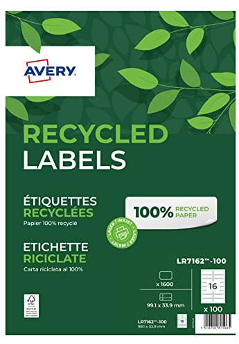 AVERY Zweckform LR7162-100 Adress-Etiketten (A4, 1.600 Stück, Recycling, 99,1 x 33,9 mm, 100 Blatt) weiß