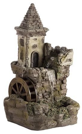 Alpine Corporation USA1164 Outdoor Floor Tiered Fairy Castle Waterwheel Water Fountain with Realistic Stone Look, 35, Brown