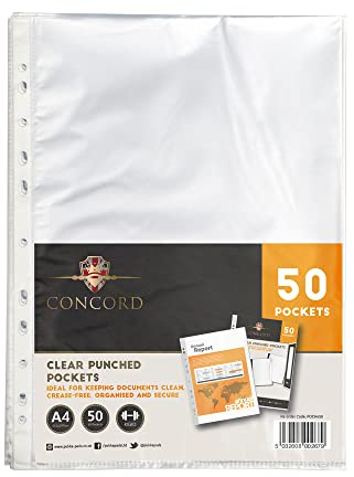 Pukka Pad, Concord A4 Clear Punched Pockets - Pack of 50 Heavy-Duty 90 Micron Transparent Sheets for Keeping Papers Clean, Crease-Free, Organised, and Secure – 30.6 x 23cm