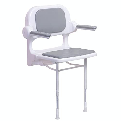 AKW Wall Mounted Fold-up Shower Seat for Elderly, Padded Seat & Armrests, Height Adjustable - Grey