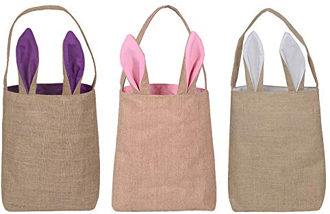 KEFAN 3er-Pack Osterhasen-Taschen: Jute-Tragetaschen mit Hasenohren, für Kinder bis Erwachsene, Weiß, Rosa, Violett, Einheitsgröße