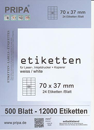 pripa Etiketten 70 x 37 mm, 500 Blatt DIN A4 Selbstklebende Etiketten. 24 Etiketten pro Bogen - 3 Spalten - 8 Reihen - 12000 Etiketten