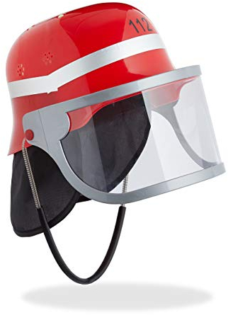 Relaxdays Feuerwehrhelm Kinder, mit Visier, Nackentuch & Kinnriemen, verstellbarer Kopfumfang, Feuerwehrmann Helm, rot
