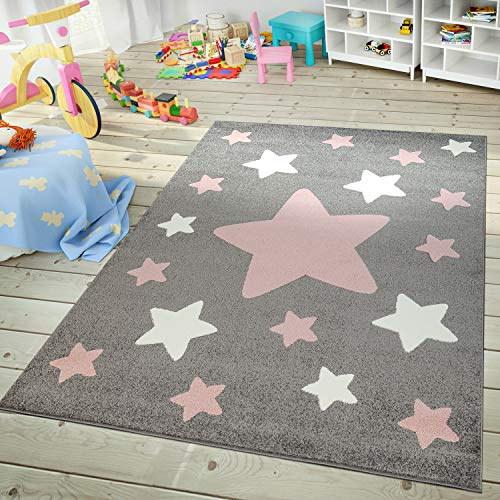 TT Home Kinderzimmer Teppich Spielteppich Muster Sternenhimmel Kurzflor In Grau Weiß, Größe:160x220 cm