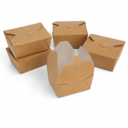 DeinPack Lot de 50 boîtes à repas bio avec couvercle pliable 500 ml I Boîte en carton rectangulaire I Boîte en carton kraft marron compostable I Boîtes jetables à emporter